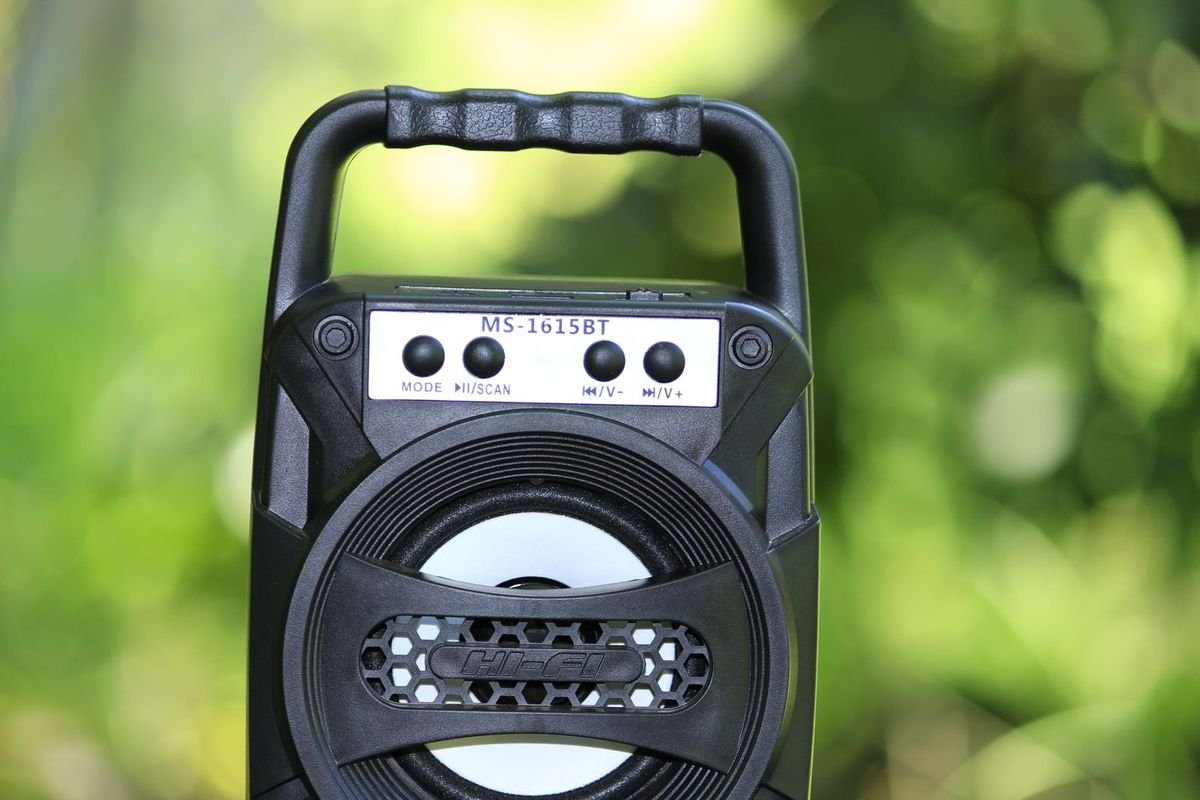 Black and silver portable speaker outdoors (representative photo, not the exact product)