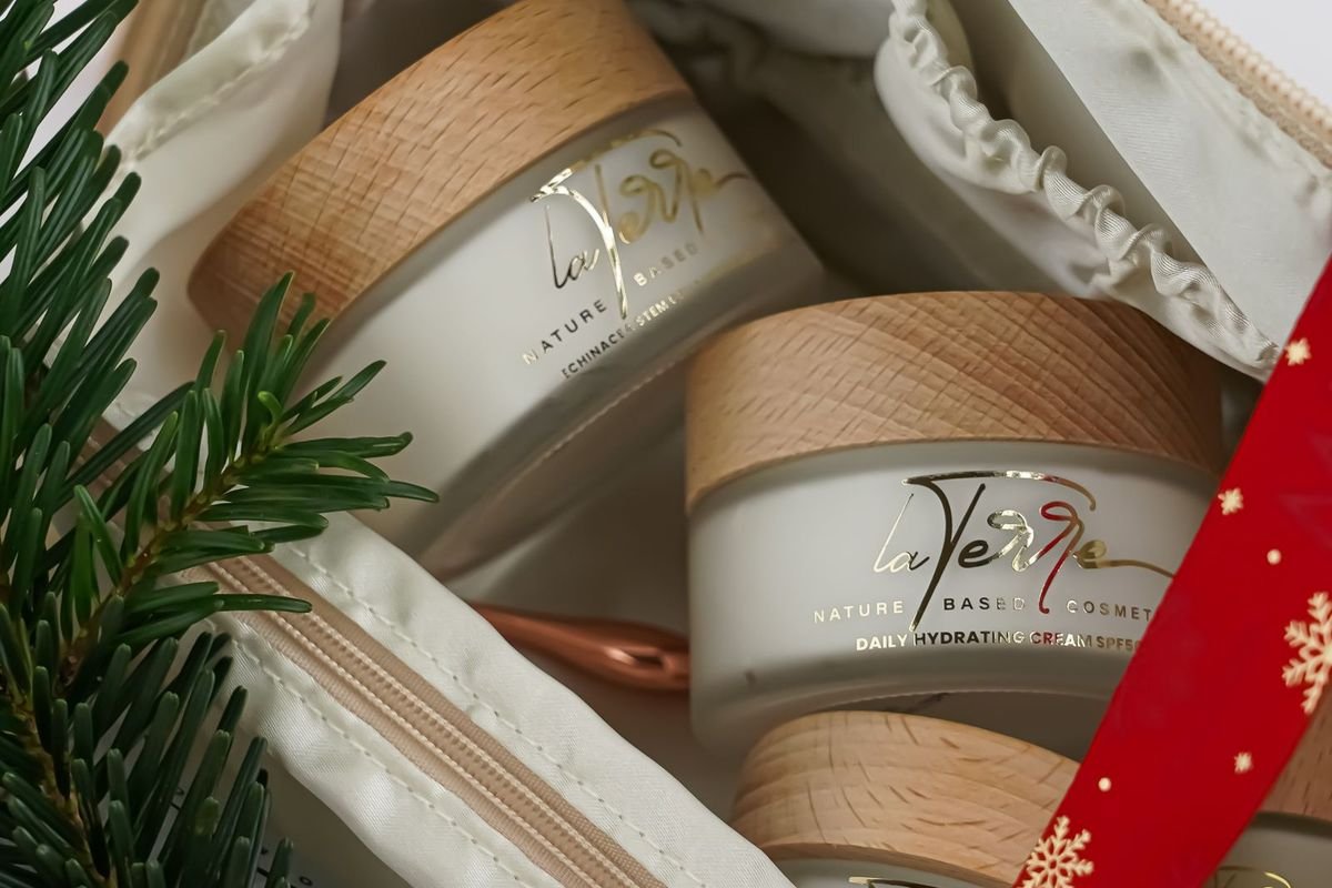 Festive skincare gift set with a red ribbon (representative photo, not the exact product)
