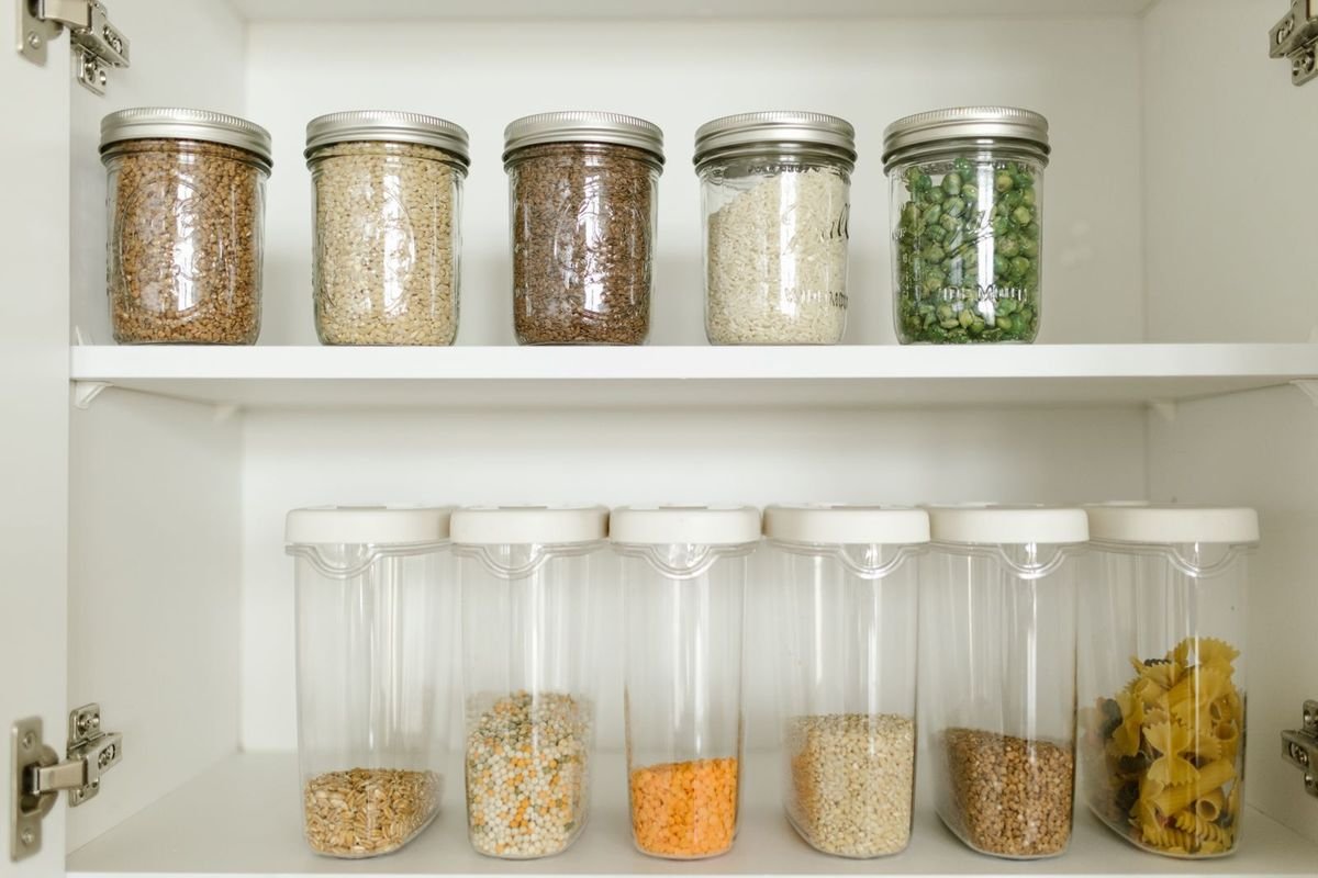 Dry goods in glass containers on a shelf (representative photo, not the exact product)