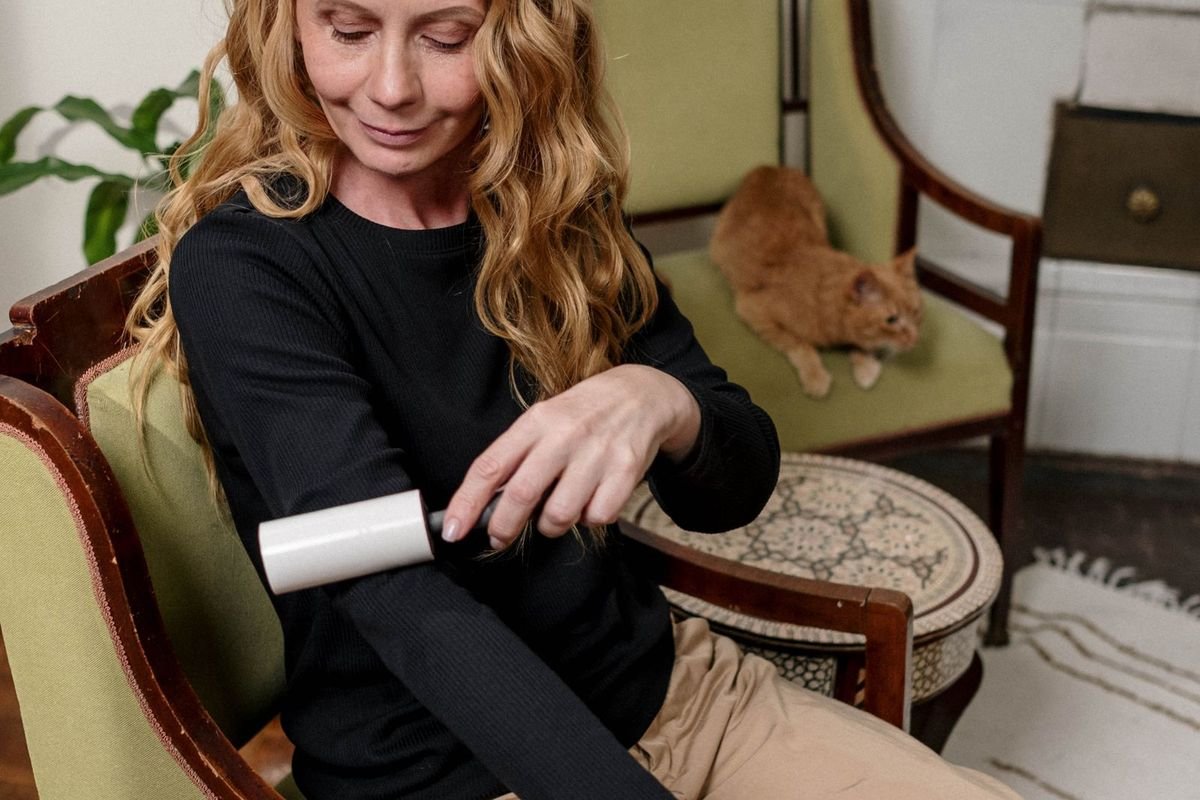 Woman removing pet fur from clothes (representative photo, not the exact product)